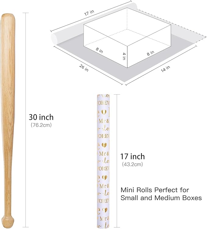 RUSPEPA Wrapping Paper Roll, Bridal Shower Gift Wrap, Mini Roll, 17 Inches x 16.5 Feet, White and Gold Foil LOVE Design for Wedding, Anniversary, Engagement