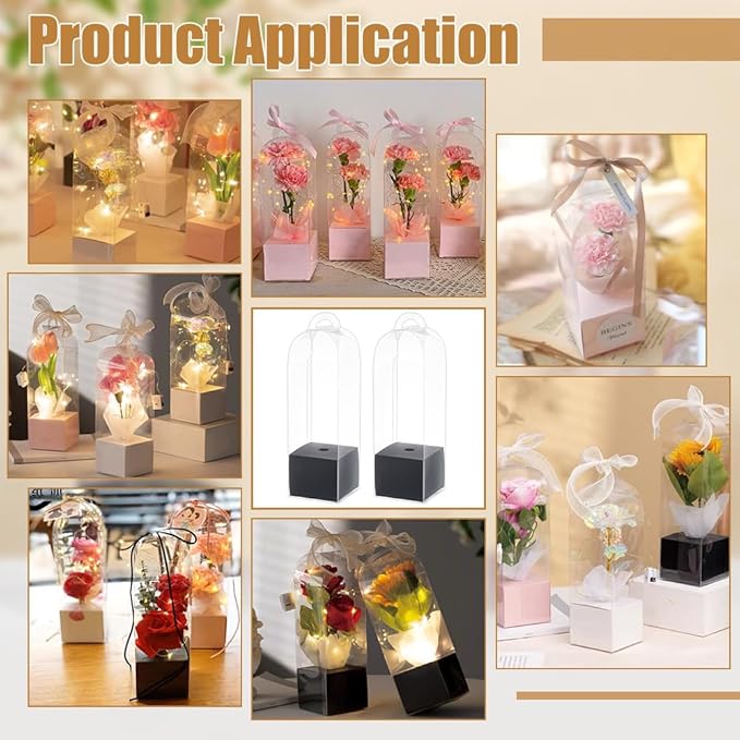 BENECREAT 12Pcs Single Rose Flower Box Empty Bag, Clear Flower Packing Boxes Flower Gift Boxes for Graduation Wedding Birthday Floral Gift Floral Arrangement Supply, Black