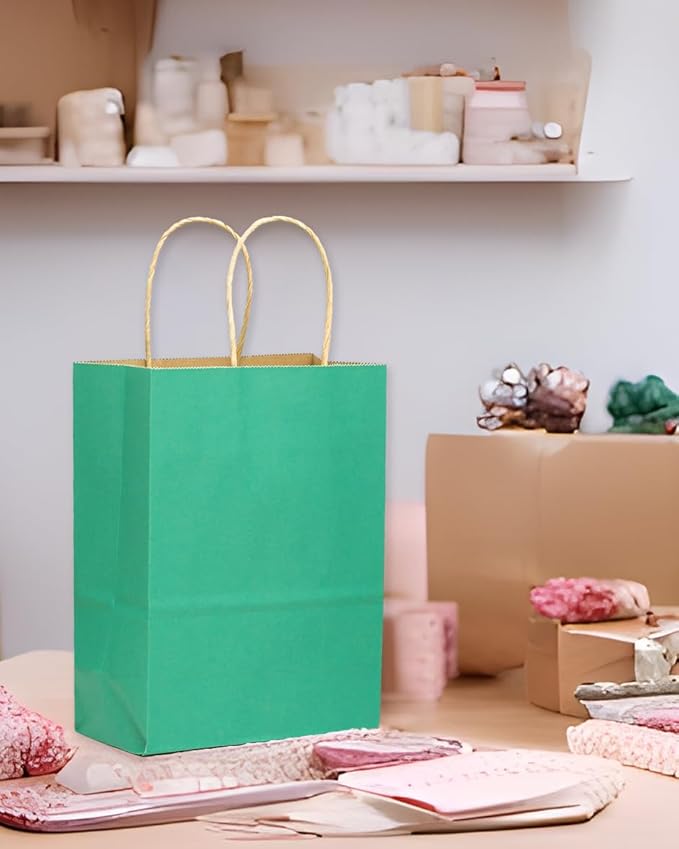 qiqee Large Kraft Paper Bags with Handles 13"x10"x5" 32 pcs Gift Paper Bag Mint Green Solid Color Bags(Large Size)