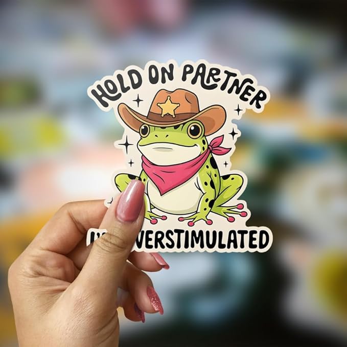 HANDICHI Design 5-Pack 3 Inch Hold On Partner Iβm Overstimulated Stickers β Funny Meme Vinyl Decals for Water Bottles, Laptops, Journals, Scrapbooks β Sarcastic Gift for Frog Lovers