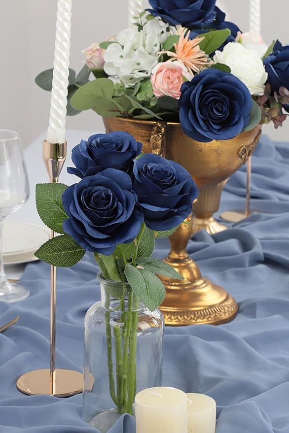 50pcs Roses Artificial Flowers Navy Blue Fake Roses Flowers with Long Stems Silk Flowers for Wedding Bouquet Centerpices Decorations Party Bridal Baby Shower Home Decor