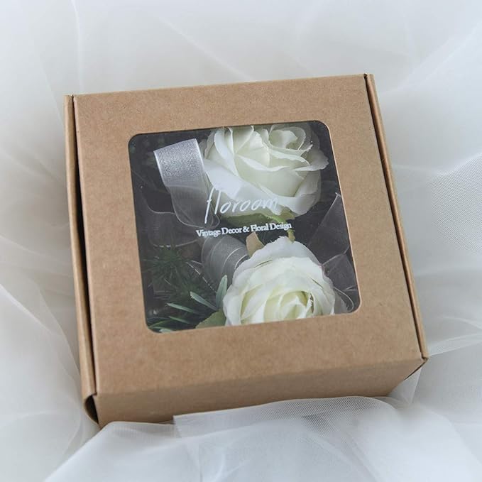 Floroom Ivory Rose Wrist Corsage Wristlet Band Bracelet and Men Boutonniere Set for White Wedding Flower Accessories Prom Suit Decorations