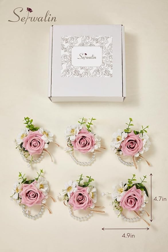 Serwalin 6 PCS Pink Rose Wrist Corsages for Wedding, Corsages for Prom Homecoming Party Corsage Hand Decor for Bride Bridesmaids, Mother of Bride and Groom