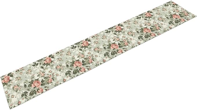 Rose Floral Table Runner, Green Pink Rose Leaf Classic Vintage Decorative Table Runner for Kitchen Dining Party Wedding Home Decor, 13x120 Inch