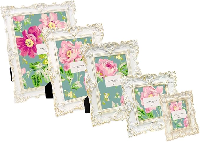 Laura Ashley 4x6 White & Gold Ornate Textured Hand-Crafted Resin Picture Frame w/Easel & Hook for Tabletop & Wall Display, Decorative Floral Design Home Décor, Photo Gallery, Art (4x6, White/Gold)