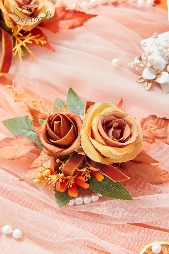 Serwalin ๐ฆ๐ฒ๐ ๐ผ๐ณ ๐ฎ Wrist Corsage for Wedding, ๐ฒ-๐ณ ๐๐ป๐ฐ๐ต Corsages for Bridesmaid Mother Grandmother, Artificial Flowers for Prom Ceremony Anniversary Cake Topper (Orange)