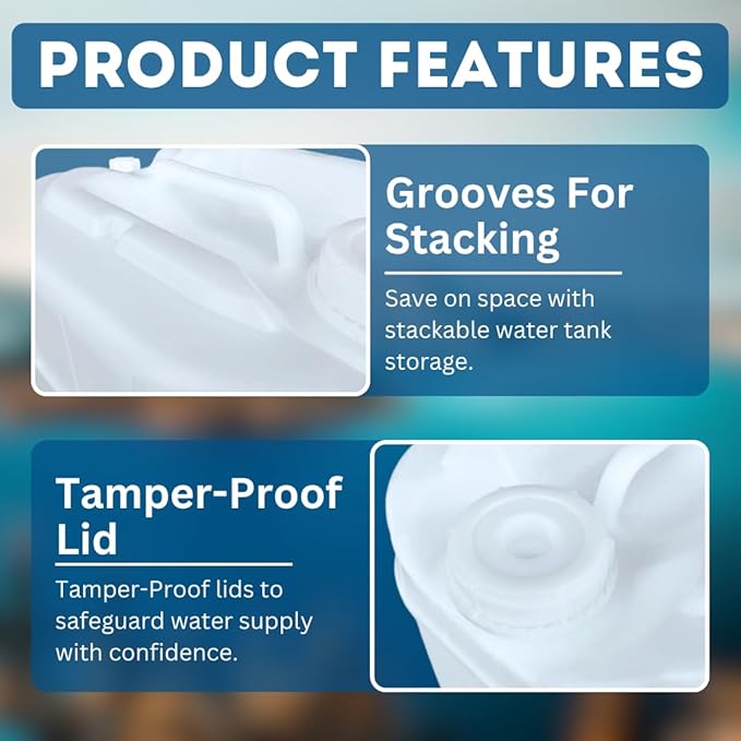 5-Gallon Stackable Water Storage Containers, 5 Gallon Tanks w/12 Lids + 2 Spigot, Easy Fill, Survial Supply Emergency Water Storage for Camping and Disaster Preparedness, RV, 50 Gallon (10 Tanks)