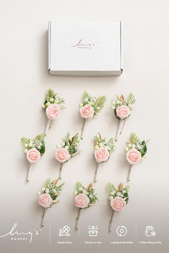 Ling's Moment Boutonniere for Men, 10pcs Groomsmen Guest Boutonniere, Artificial Flowers for Wedding Décor/Prom/Homecoming,etc.Blush Pink