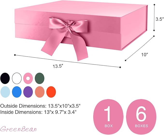 GREEN BEAN Large Gift Box with Lid for Presents 13x9.7x3.4 Inches, Pink Magnetic with Ribbon Luxury Gift Box, Bridesmaid Proposal Box (Glossy Pink)
