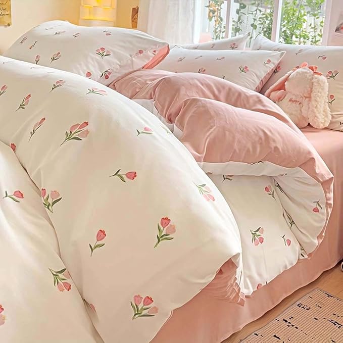 Nayoroom Pink Floral Duvet Cover Queen Size Coquette Tulip Printed on White Reversible Comforter Cover 3 Pcs Girls Cottagecore Bedding Set with Pillow Sham Soft Lightweight Microfiber