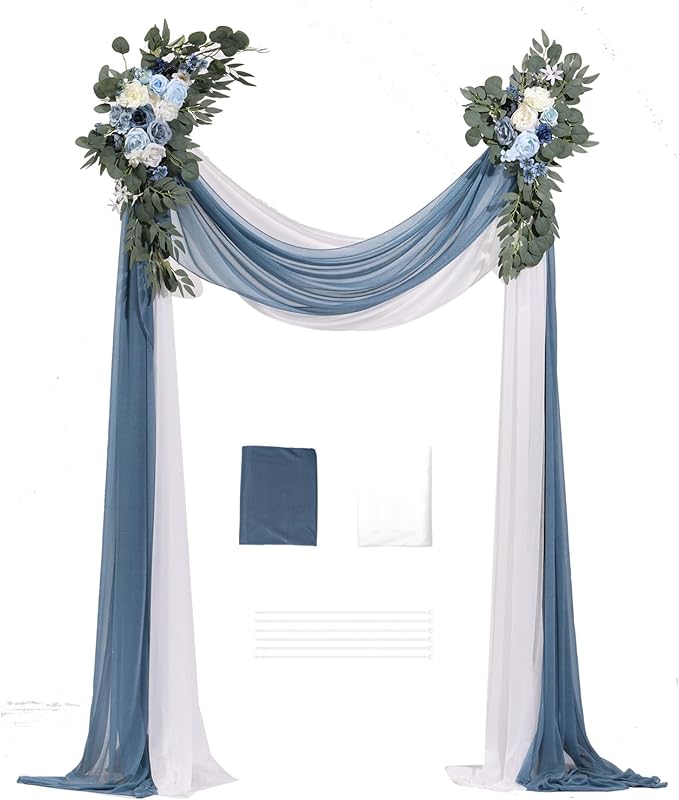 VEVOR Artificial Wedding Arch Flowers Kit, Blue Wedding Arch Flowers with Drapes Kit -2 Pcs Floral Arrangement, 2 Pcs Sheer Drapes, for Ceremony Bouquets Reception Backdrop Decoration(No Include Wood