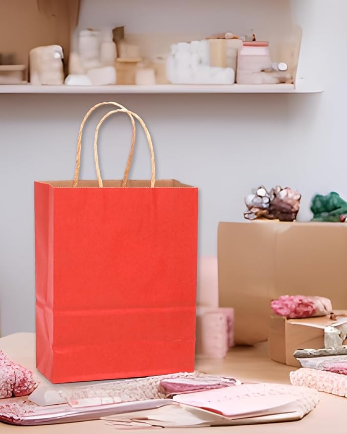 qiqee Large Kraft Paper Bags with Handles 13"x10"x5" 32 pcs Gift Paper Bag Red Solid Color Bags(Large Size)
