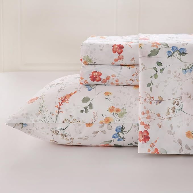 Zusbest Floral Bed Sheets King Size Percale Cotton Orange Blue Flower Sheets Set Green Botanical Printed on White Patterned Deep Pocket Fitted Sheets, Crisp Soft Breathable for Hot Sleepers, 4 Pcs