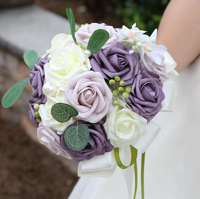 Lightweight Bridal Wedding Bouquet Round Holding Bouquet Throw Toss Artificial Rose Flower Bunch for Bride Bridesmaid Wedding Quinceanera (Cream, Deep Taro & Light Taro, 7.9")