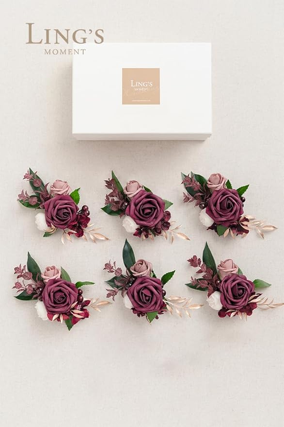 Ling's Moment Set of 6 Wrist Corsage for Wedding Ceremony for Bridesmaid Mother Grandmother for Bridal Shower Wedding Flower Prom, Marsala & Burgundy