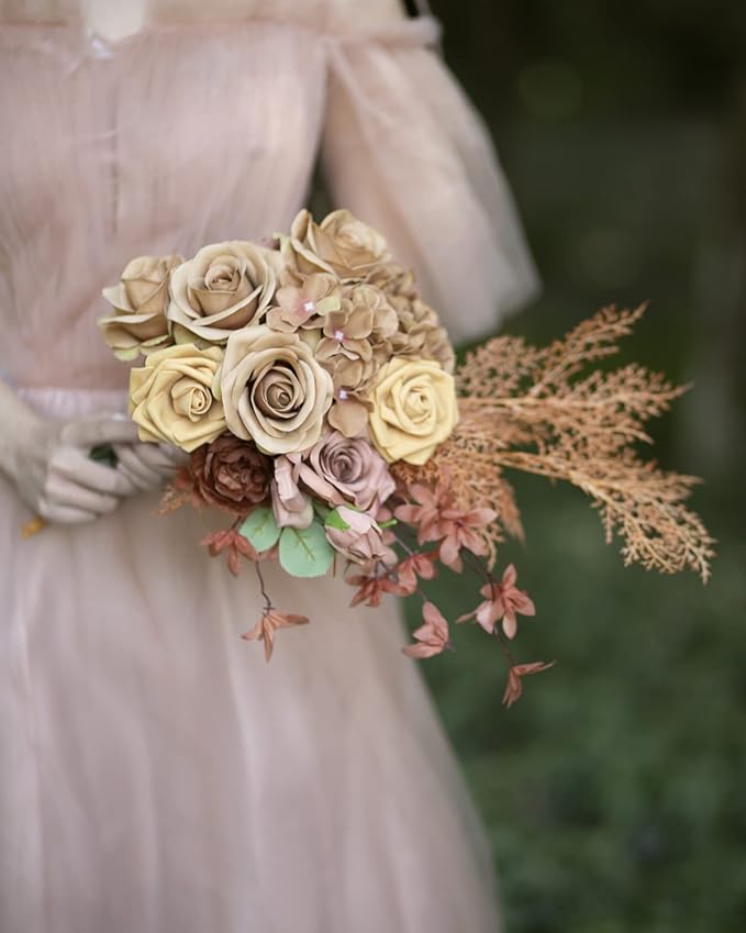 LFF 10pcs Silk Roses Artificial Flowers Fake Long Stem Roses for DIY Wedding Bouquet Home Decoration (Coffee)
