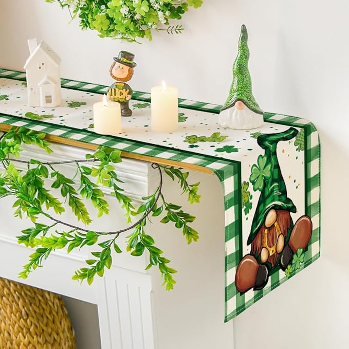 Artoid Mode Shamrock Lucky Buffalo Plaid Gnomes St. Patrick's Day Table Runner, Kitchen Dining Table Decor for Outdoor Home Party Decor 13 x 72 Inch