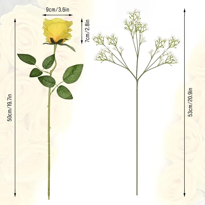 Waipfaru 20 Pcs Fake Yellow Roses Babys Breath Artificial Flowers Bulk, Silk Yellow Rose Faux Babys Breath with Long Stems for Wedding Bouquet Vase Flower Arrangement