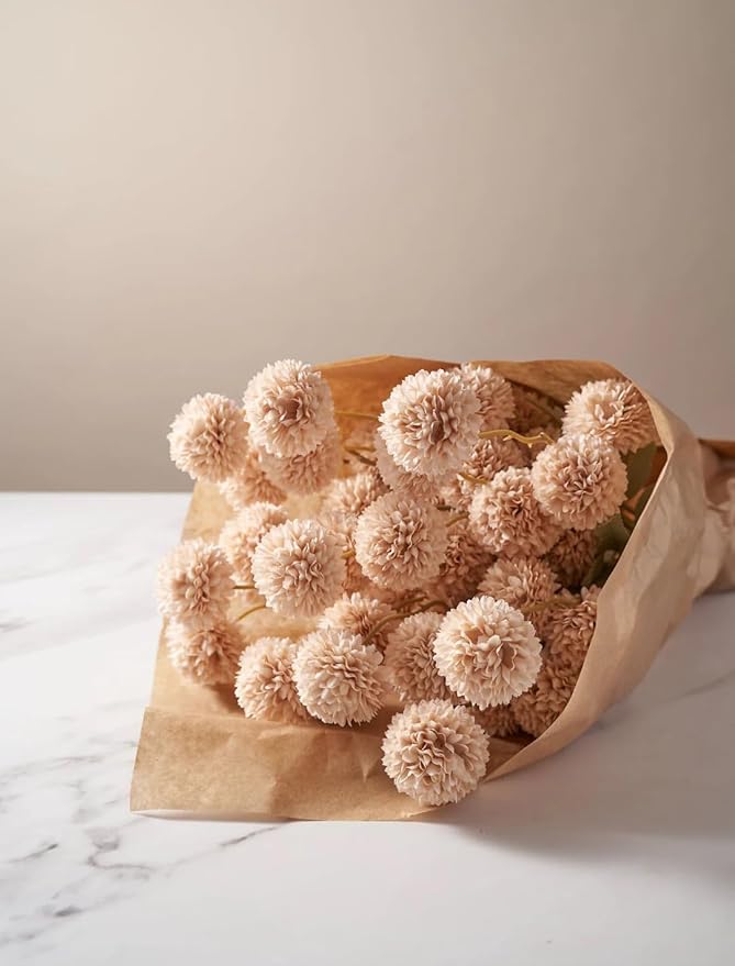 Laelfe Fall Flowers Artificial Pompon Mum, 5Pcs Fake Kiku Flowers Silk Small Mini Chrysanthemum Ball Faux Mum Decor for Autumn Filler DIY Bouquet Centerpieces Arrangements Shower(Beige)