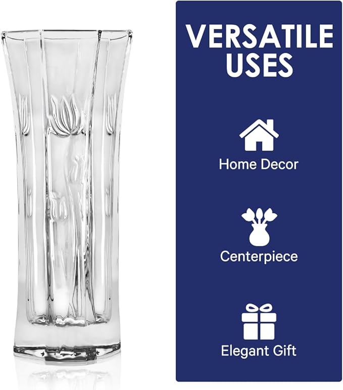 CS Crystal Vase 12-inch high, Tulip Design, for Flowers & Decor. Lovely Nice Shiny Piece. Perfect as a Gift, Suitable for All Occasions.