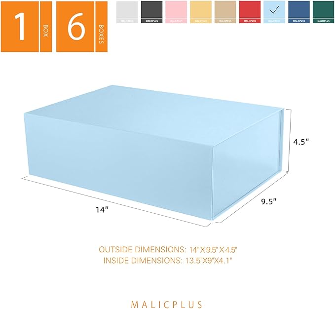 6 Large Gift Boxes with Lids 13.5x9x4.1 Inches, Blue Bridesmaid Proposal Gift Boxes with Magnetic Closure for All Occasion (Glossy Blue)