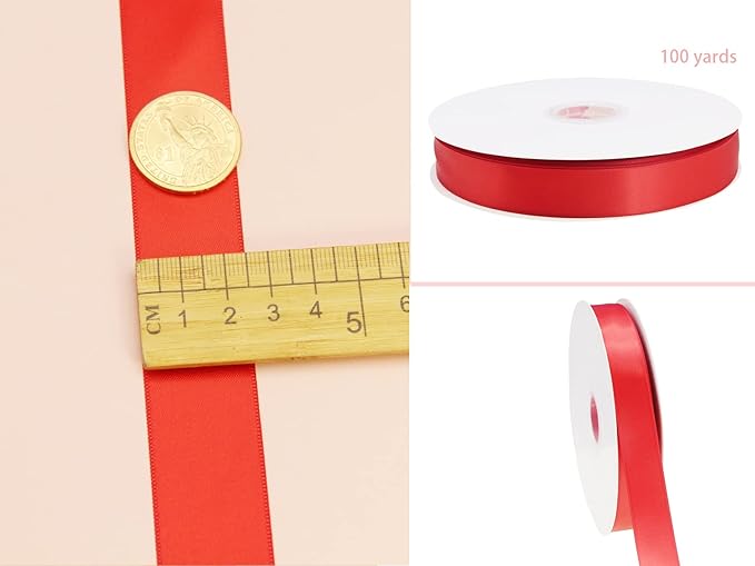 Red Double Faced Satin Ribbon 1 inch Flower Boutique Gift Wrapping Ribbon 25mm 100yards Continuous Fabric Silk Bow Ribbon- DIY Crafts Hair Headband-Sewing-Wedding Decorations-Valentine's Day