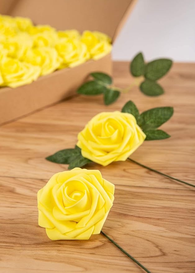 Artificial Flower Foam Rose 25pcs Real Looking Fake Rose with Stems Leaves for Home Decoration Party Garden Centerpieces DIY Wedding Bouquets(Yellow)
