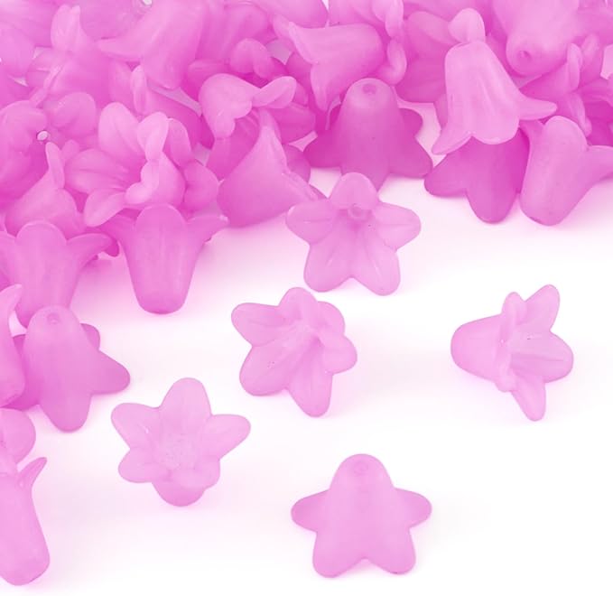 Crafans 50Pcs Frosted Acrylic Flower Beads 17.5x12x1.5mm Transparent Floral Pendants Clear Flower Bead Caps Loose End Spacer Beads for Jewelry Making (Medium Violet Red)