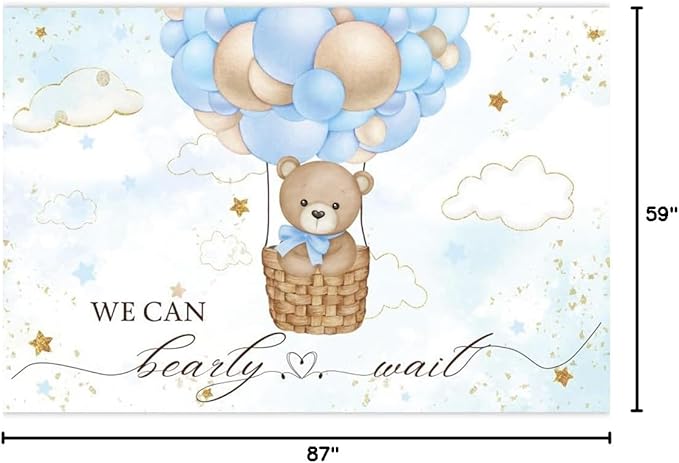 ChloropLastid We Can Bearly Wait Baby Backdrop Boy Bear Hot Air Balloon Baby Shower Photography Background Blue Balloons Clouds Stars Baby Party Cake Photo Decoration 7x5ft