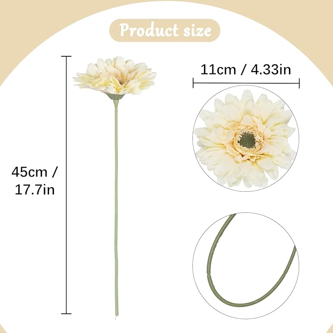 Gerbera Daisy Artificial Flowers Silk Flowers Champagne Gerber Daisy Artificial 10PCS Fake Daisies 17.7in Faux Daisies for Wedding Bridal Bouquet Party Home Kitchen Decor(Champagne)