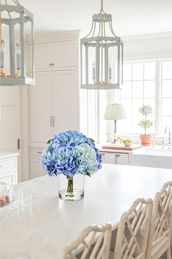 Hollyone Blue Hydrangea Artificial Flowers in Vase Latex Real Touch Large Faux Hydrangea Flowers Arrangements Hydrangeas Fake Flower with Glass Vase with Faux Water for Table Centerpiece Home Decor 