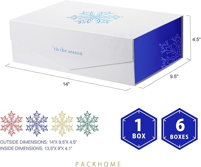 PACKHOME 6 Large Christmas Gift Boxes with Lids 13.5x9x4.1 Inches, Sturdy Collapsible Gift Boxes with Magnetic Closure (Blue Snowflake Pattern)