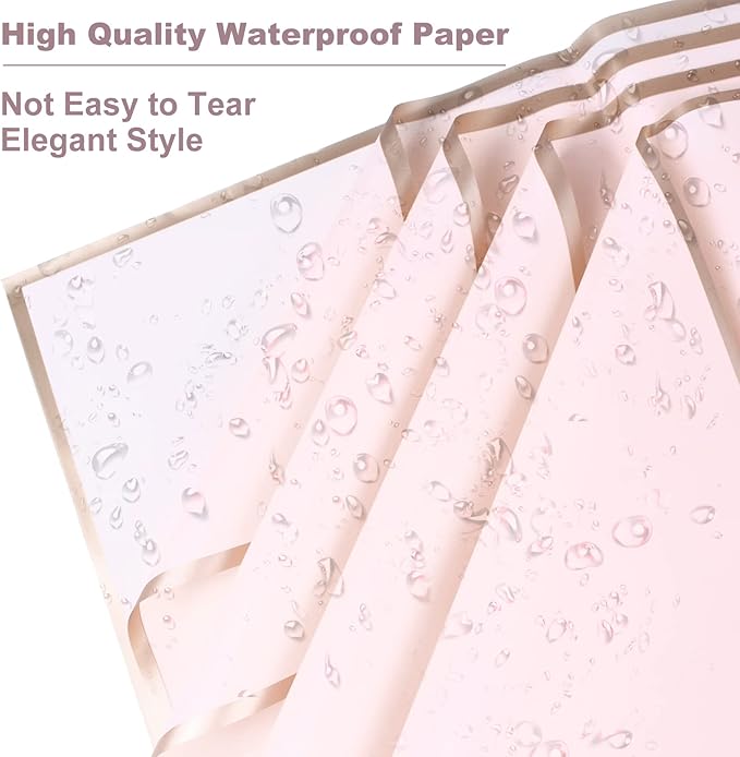 Kosotody 20 Sheets Flower Wrapping Paper Waterproof Florist Bouquet with Ribbon for Bouquets DIY Crafts Packaging Bouquet, 22.8x22.8 inch (Pink)