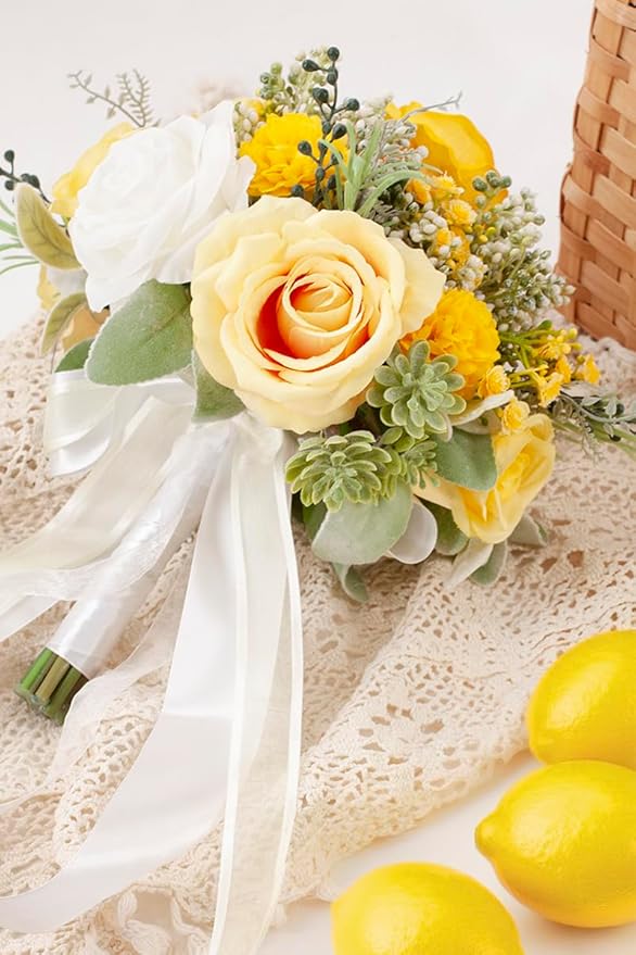 Yellow & White Wedding Bouquets for Bride Bridesmaids, Bridal Bouquet for Wedding Silk Artificial Flowers