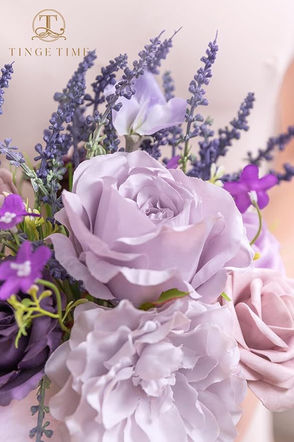 TINGE TIME 7 Inch Artificial Flowers Wedding Bouquets for Bridesmaid, Set of 4, Lavender Bride Tossing Bouquet for Rustic Wedding Ceremony Bridal Shower Rehearsal Dinner Vintage Party