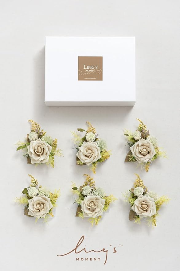 Ling's moment 6pcs Wedding Wrist Corsage Artificial Flowers, Girl/Mother Homecoming Prom Corsages Wristlet Décor, etc. Emerald Green Beige