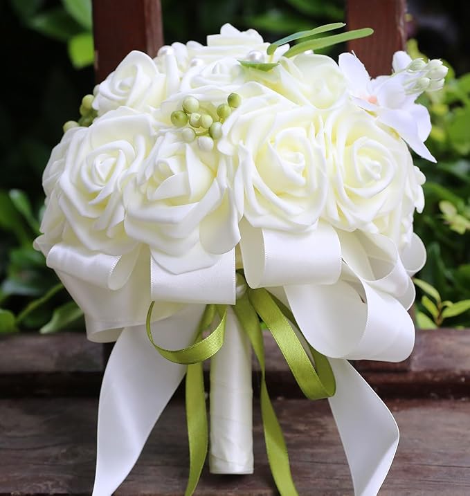 Lightweight Bridal Wedding Bouquet Round Holding Bouquet Throw Toss Artificial Rose Flower Bunch for Bride Bridesmaid Wedding Quinceanera (Cream, 6.7")