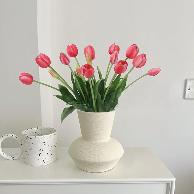 15 Pcs Deep Pink Artificial Flowers Tulips Real Touch Latex Plastic Soft Faux Bouquets for Party, Wedding, Home, Room, Garden Decor