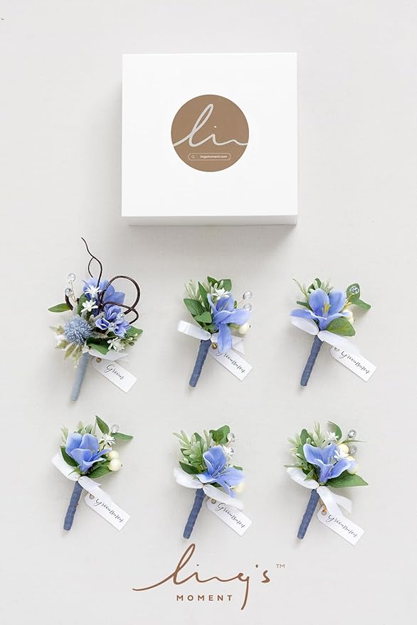 Ling's moment Boutonniere for Men, 6pcs Groom Groomsmen Boutonniere, Artificial Flowers for Wedding Decor/Prom/Homecoming, etc.Provence Blue Berry