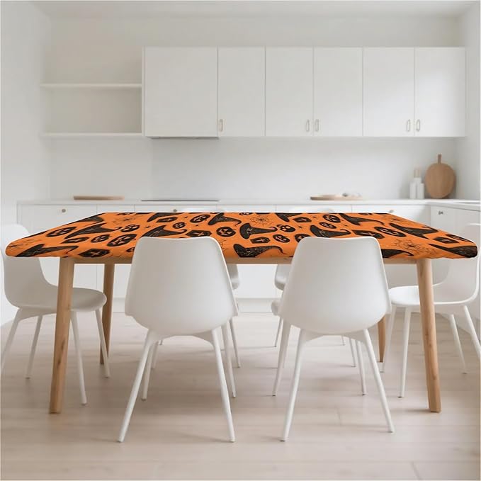 Rectangle Table Cloth Cover Waterproof Elastic Fitted Polyester Fitted Tablecloths for 8 Foot Tables for Indoor,Picnic, Camping, Outdoor (96" x 30",Halloween Tablecloth)