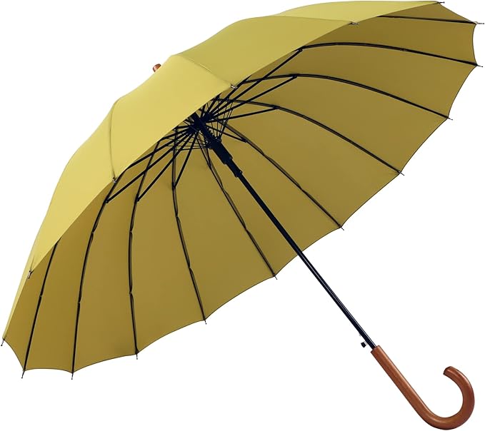 SoulRain 16 Ribs 48" Stick Umbrella Auto Open Solid Color Fashionable and Simple,Arc Classic Wood Handle,Windproof Unbreakable Stick Rain Umbrella