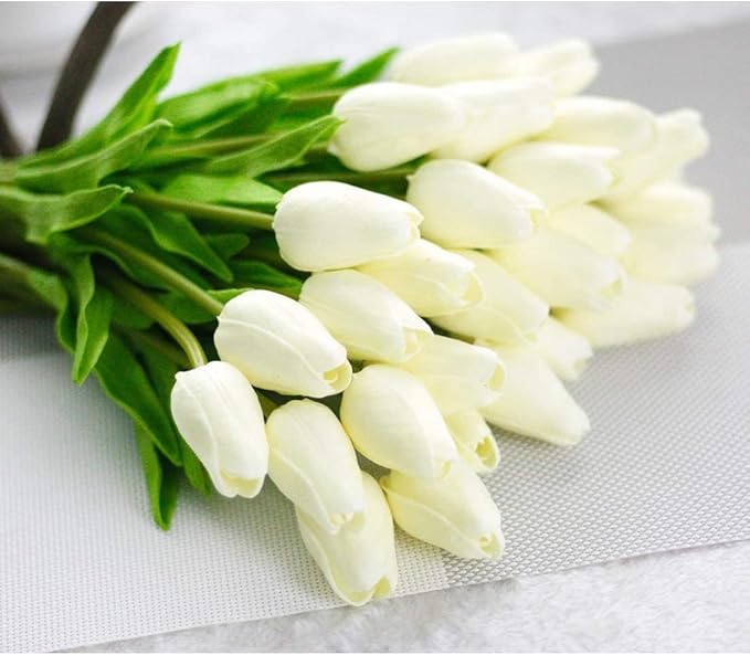 Artificial Tulips Flowers Real Touch Tulips Holland PU Bouquet Latex Flower White for Wedding Party Office Home Kitchen Decoration 30pcs (White)