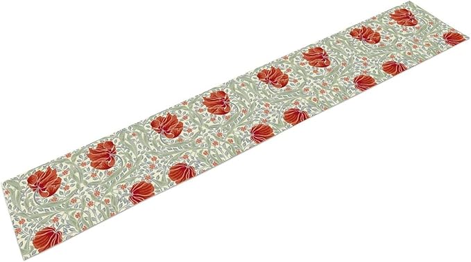 William Morris Table Runner, Retro Red Flowers Green Botanical Country Farmhouse Tabletop Decoration for Kitchen Dining Home Party 13x36 Inch