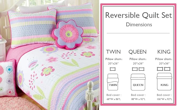 Cozy Line Home Fashions Pink Lavender Green Floral Print Girl 100% Cotton Reversible Quilt Bedding Set, Coverlet, Bedspread (Blossom, Twin - 4 Piece)