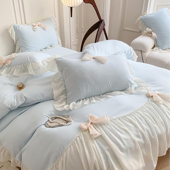 Chic Lace Bedding,Girls Twin Aesthetic Comforter Cover Set,Romantic French Princess Style Ruffled Duvet Cover with Lovely Bow with Zipper Closure-Blue,Twin