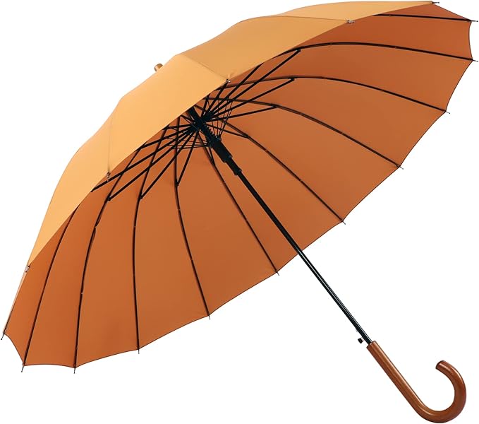 SoulRain 16 Ribs 48" Stick Umbrella Auto Open Solid Color Fashionable and Simple,Arc Classic Wood Handle,Windproof Unbreakable Stick Rain Umbrella