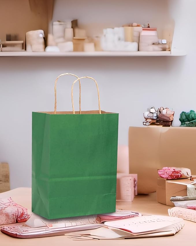qiqee Large Kraft Paper Bags with Handles 13"x10"x5" 32 pcs Gift Paper Bag Deep Green Solid Color Bags(Large Size)