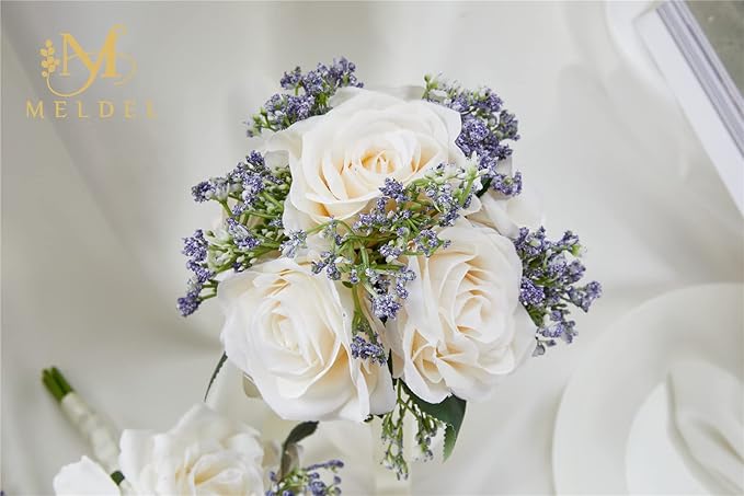 Meldel 6.5 Inch Ivory Bridesmaid Bouquets, Set of 2, Small Rose Artificial Wedding Bouquet Centerpiece Decorations for Wedding