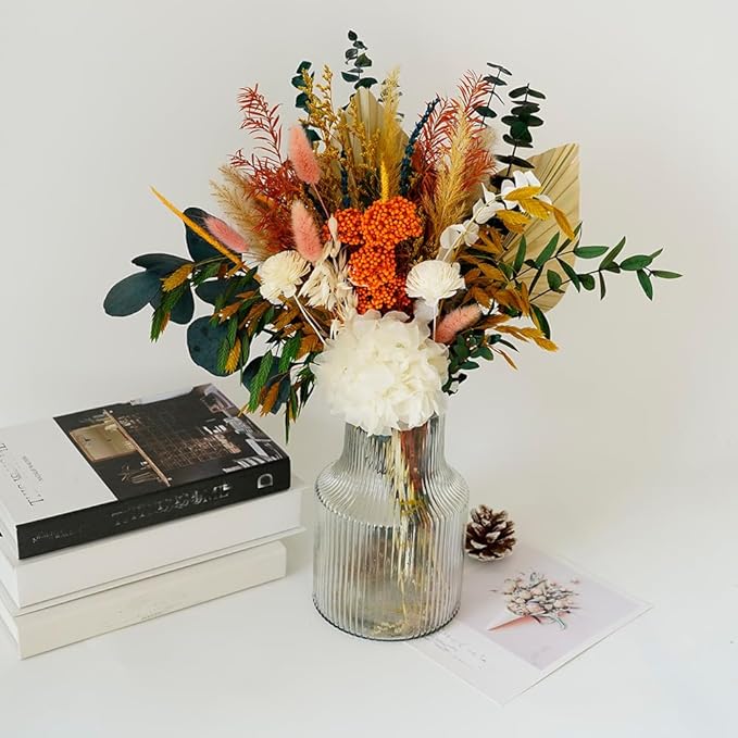 Natural Dry Bouquets, Mixed Preserve Bouquet, Dried Pampas Grass, Palm Leaf, Preserve Hydrangea, Etc., Bohemian Home Office Wedding Decoration, DIY Flower Arrangement