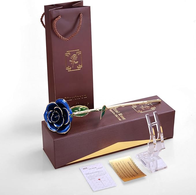 Sinvitron Gold Dipped Infinity Rose Forever Flower Decor, Resin Preserved Real Rose Birthday Gift for Women, Anniversary Present for Mom (Deep Blue)